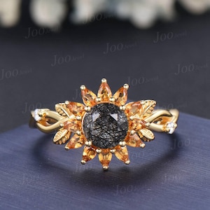 Sunflower Wedding Ring Solid 10K Gold Natural Citrine Black Rutilated Quartz Twisted Vine Floral Engagement Ring for Women Birthday Gifts