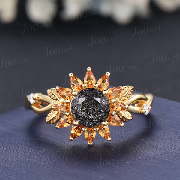 Sunflower Wedding Ring Solid 10K Gold Natural Citrine Black Rutilated Quartz Twisted Vine Floral Engagement Ring for Women Birthday Gifts