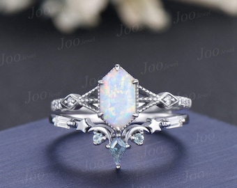 Long Hexagon Cut White Fire Opal Half Eternity Bridal Ring 14K White Gold Moon Star Alexandrite Accent Wedding Band for Women