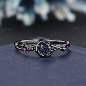 5mm Round Galaxy Blue Sandstone Ring Starry Sky Black Gold Moon Star Cluster Amethyst Twig Vine Blue Goldstone Ring Celestial Promise Rings