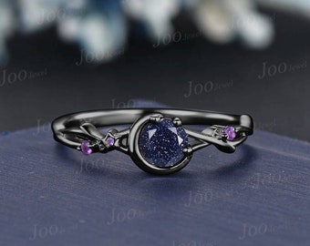 5mm Round Galaxy Blue Sandstone Ring Starry Sky Black Gold Moon Star Cluster Amethyst Twig Vine Blue Goldstone Ring Celestial Promise Rings