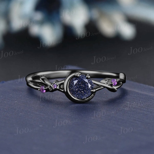 Anillo redondo de arenisca azul galaxia de 5 mm, cielo estrellado, oro negro, luna, cúmulo estelar, amatista, rama, vid, anillo de piedra dorada azul, anillos de promesa celestiales