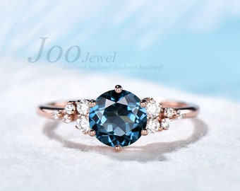 1ct Natural London Blue Topaz Ring Vintage Rose Gold Ring Round Gemstone Engagement Ring Crystal Healing Ring December Birthstone Gift Women