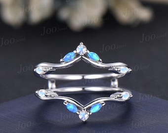 Marquise Cut Moonstone Blue Opal Curved Wedding Band Sterling Silver Ring Enhancer Custom Contour Band Made to Fit Engagement Ring Women