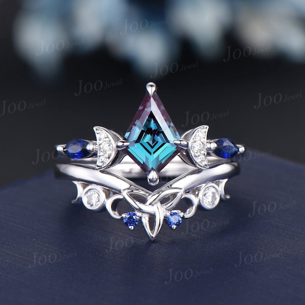 Kite Color-Change Alexandrite Engagement Ring Witgoud Crescent Moon Wedding Ring Trinity Celtic Knot Blue Sapphire Moissanite Bridal Ring