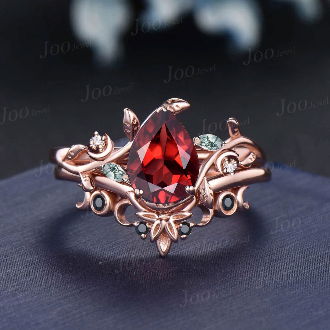 Black and Red Wedding Ring Sets Moon Engagement Ring 14K Rose Gold