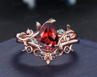 Black And Red Wedding Ring Sets Moon Engagement Ring 14K Rose Gold Nature Inspired Pear Natural Garnet Ring For Women Red Garnet Bridal Ring