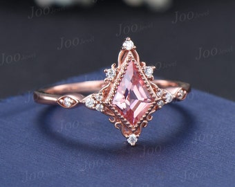 Bague de fiançailles halo de diamants roses Padparadscha coupe