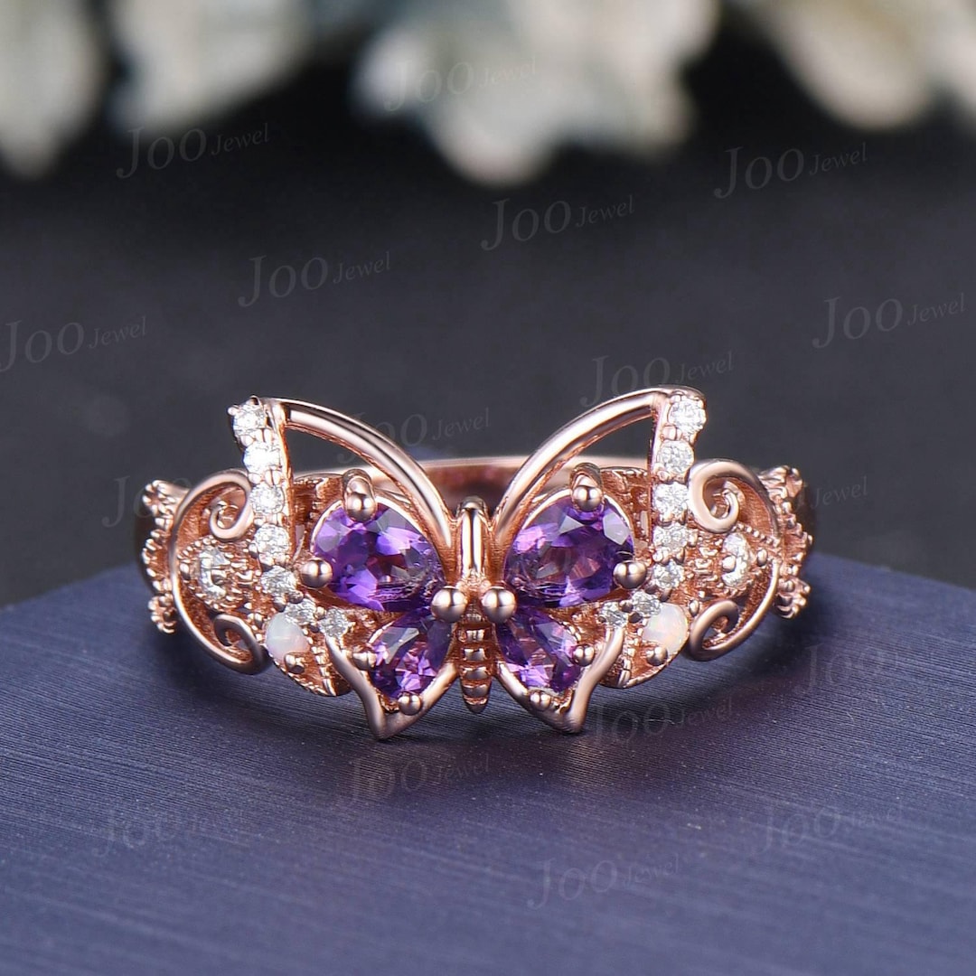 Unique Amethyst Opal Butterfly Engagement Ring 14K Solid Rose Gold ...