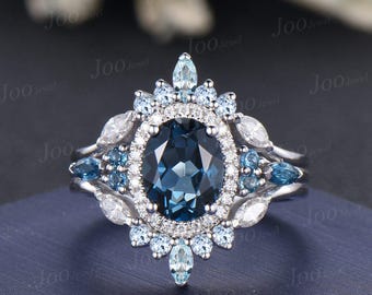 2CT Oval London Blue Topaz Soldered Bridal Set, White Gold Halo Moissanite Engagement Ring, Aquamarine Stacking Wedding Ring Set for Women