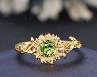 5mm Round Cut Natural Peridot Sunflower Wedding Ring Yellow Gold Peridot Emerald Leaf Floral Engagement Ring August Birthstone Gifts Women