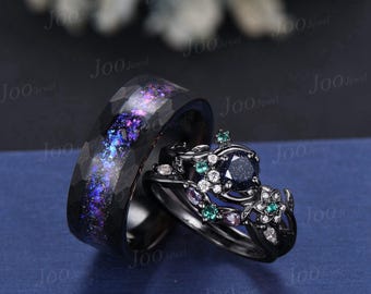 Juego de anillos de pareja Galaxy inspirados en la naturaleza, juego de anillos de boda negros para él y para ella, anillos de tungsteno que no se decoloran, anillo de promesa de luna para hombres y mujeres