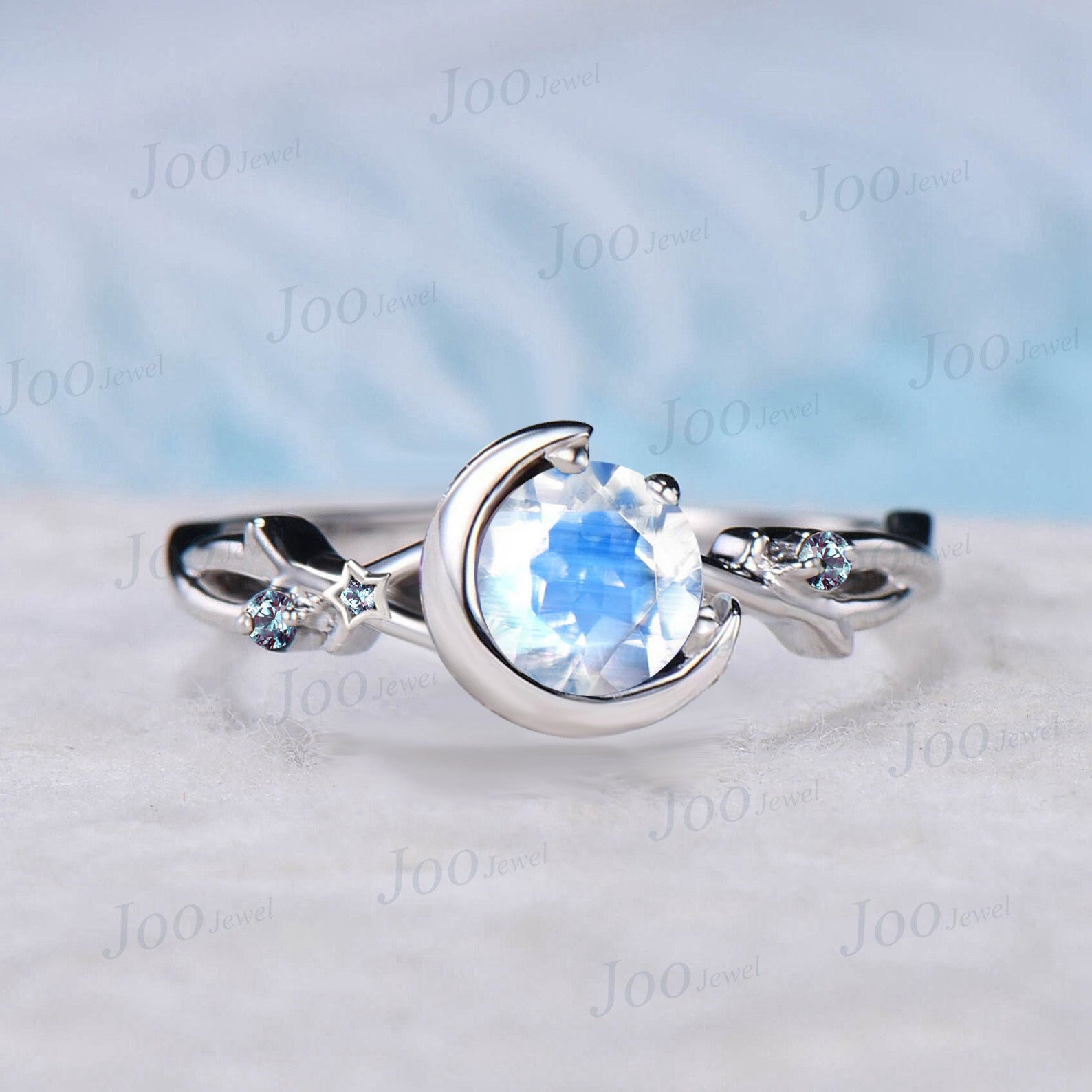 5mm Twig Vine Round Natural Rainbow Moonstone Wedding Ring Moon Star ...