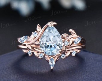 Pear Shaped Natural Aquamarine Engagement Ring Set Rose Gold Leaf Branch Nature Inspired Aquamarine Wedding Ring Set for Women Jewelry Gifts