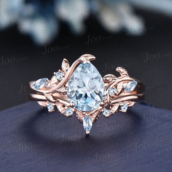 Pear Shaped Natural Aquamarine Engagement Ring Set Rose Gold Leaf Branch Nature Inspired Aquamarine Wedding Ring Set for Women Jewelry Gifts