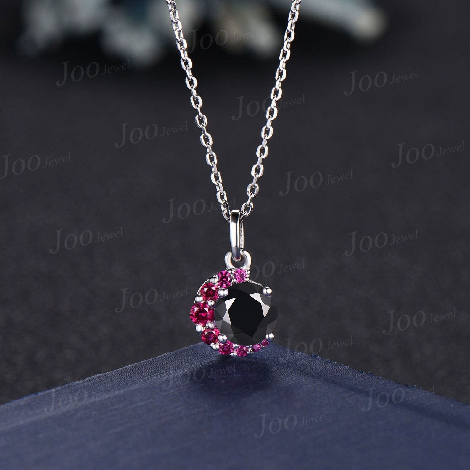 Round Cut Natural Black Onyx and Ruby Necklace Sterling