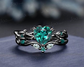 14K Black Gold Twig Vine Heart Cut Green Emerald Engagement Ring