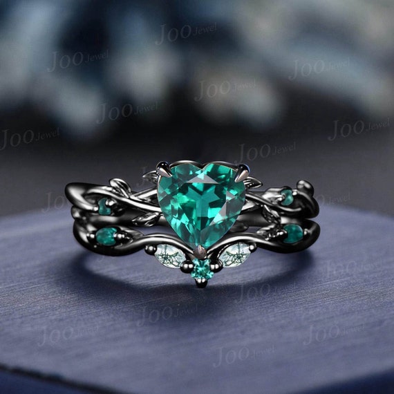 14K Black Gold Twig Vine Heart Cut Green Emerald Engagement Ring