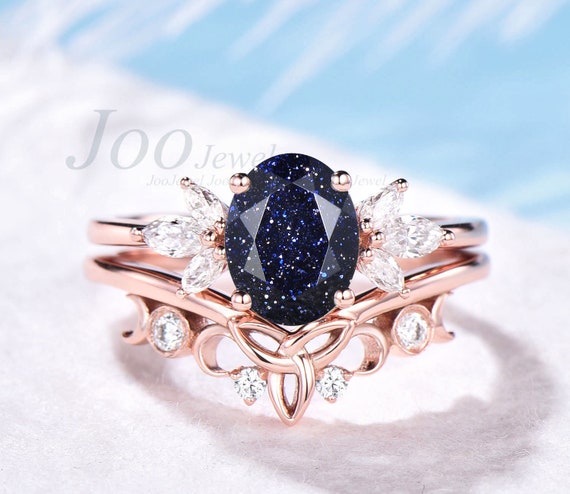 Vintage oval cut blue sandstone engagement ring set rose gold art deco ring  marquise cut moissanite ring bridal wedding ring set for women