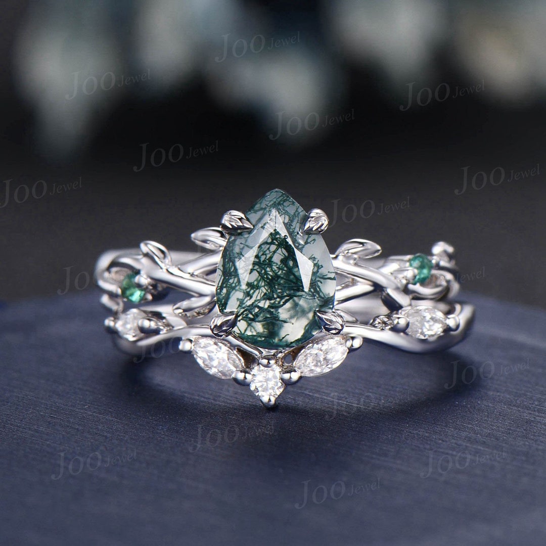 Twig Twist Moss Agate Ring 1.25ct Pear Cut Moss Agate Engagement Ring ...