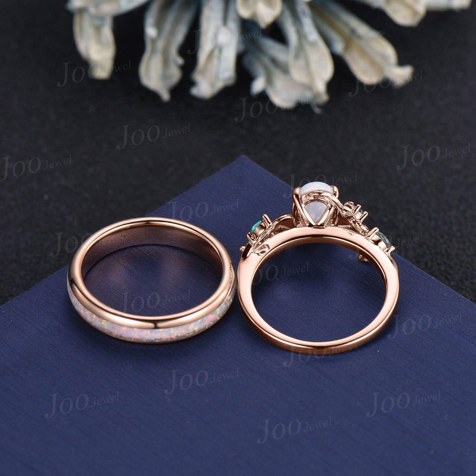 Leaf Design Oval Cut White Opal Stacking Matching Ring Set 4mm Wide No ...