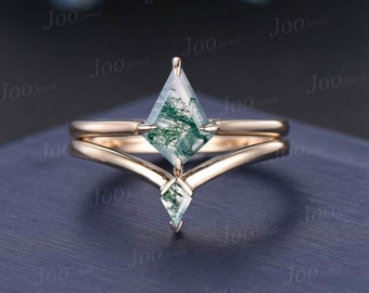 Anillo de compromiso con solitario de ágata musgosa natural vintage de oro amarillo de 10 quilates con piedra preciosa verde de 1 quilate para mujer