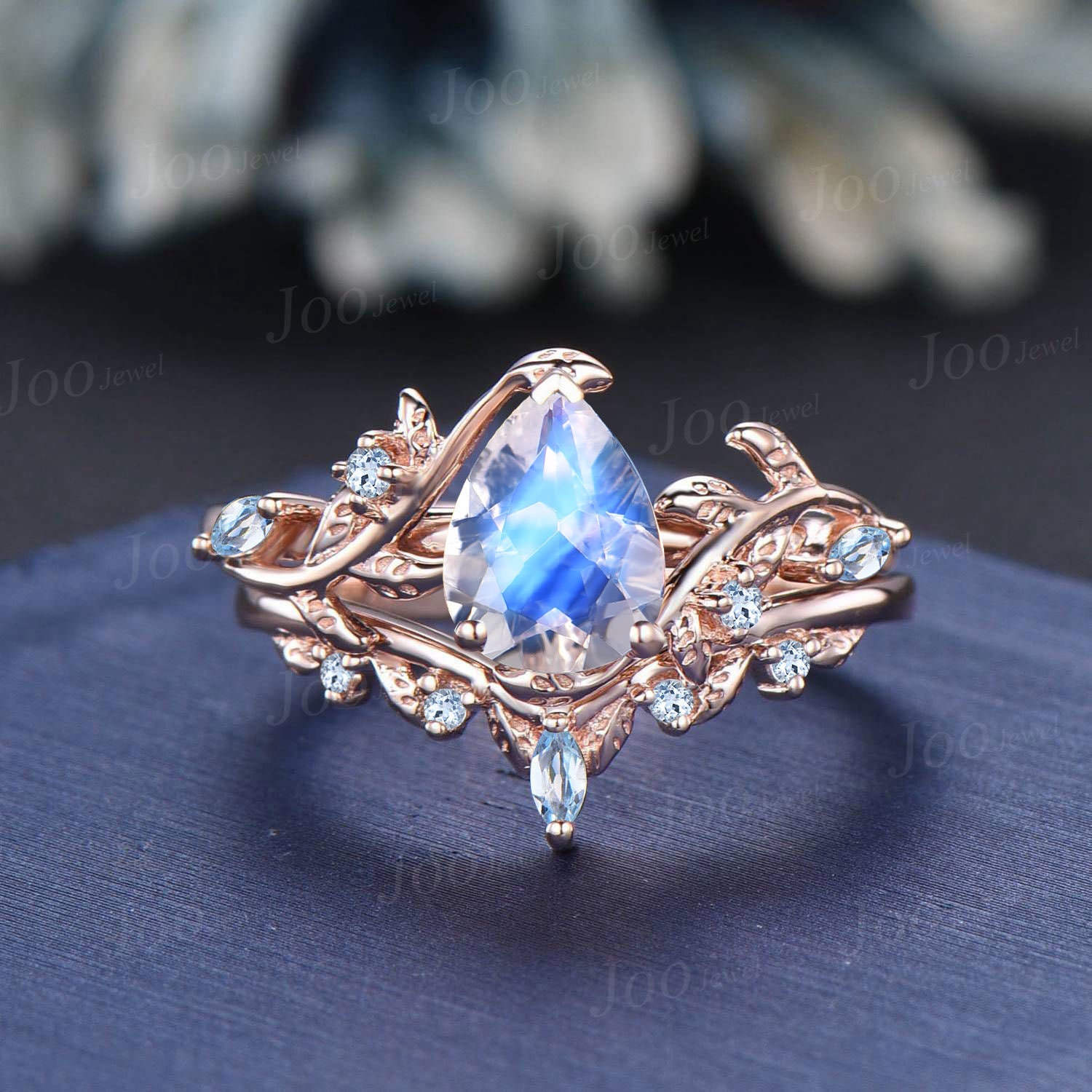 Pear Cut Natural Moonstone Aquamarine Engagement Ring Set