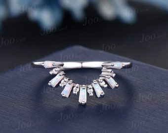 Baguette White Opal Crown Tiara Curved Wedding Band Sterling Silver Moissanite Opal Contour Nesting Band Fire Opal Bridal Band Platinum Ring