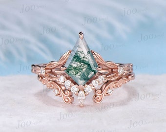 Nature Inspired Kite Moss Agate Ring Set Unique Leaf Branch Style Moissanite Moss Agate Engagement Ring Vintage Pattern Open Wedding Band