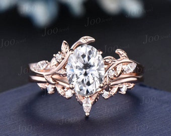 1.5ct Oval Cut Moissanite Wedding Ring Set Leaf Diamond Bridal Set Vintage 14K Rose Gold Branch Vine Unique Women Wedding Anniversary Gifts