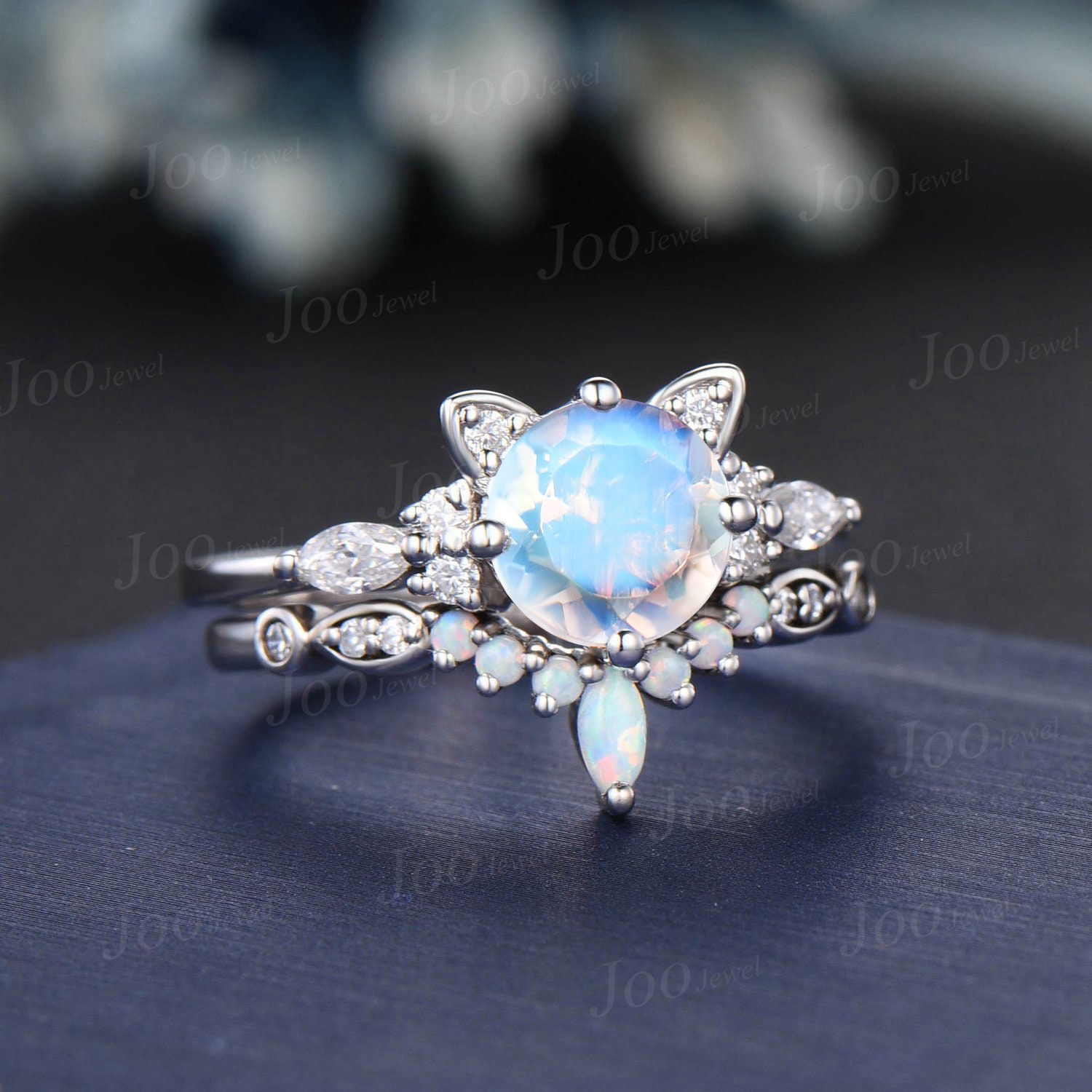 Cat Cut Engagement Ring Set Meme Sterling Silver Round Moonstone Opal ...