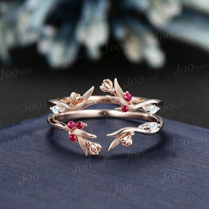 Natural Moonstone Ruby Tulip Enhancer Wedding Band Double Curved Flower Wedding Band 10K Solid Gold Nature Leaf Wedding Ring Guard for Women