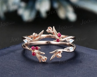 Natural Moonstone Ruby Tulip Enhancer Wedding Band Double Curved Flower Wedding Band 10K Solid Gold Nature Leaf Wedding Ring Guard for Women