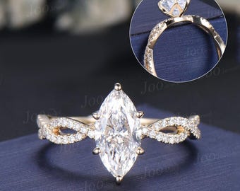 Marquise Moissanite Tulip Setting Engagement Ring 14K Gold Infinity Twisted Diamond Half Eternity Ring Floral Basket Bridal Wedding Rings