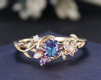 5mm Round Cut Fireworks Alexandrite Moon Leaf Engagement Ring Yellow Gold Opal Amethyst Celestial Inspired Alexandrite Promise Ring Women
