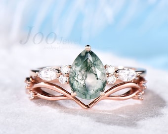 Pear shaped moss agate engagement ring set rose gold marquise cut moissanite ring for women unique vintage engagement ring wedding ring set