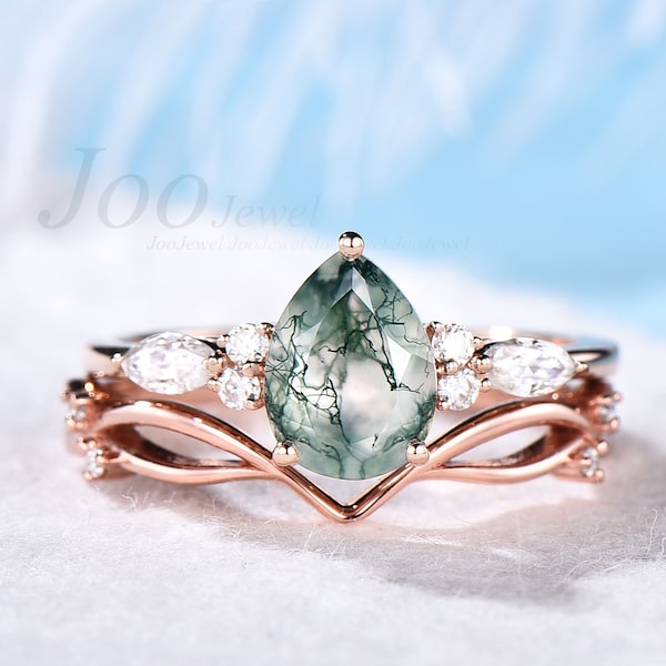 Pear shaped moss agate engagement ring set rose gold marquise cut moissanite ring for women unique vintage engagement ring wedding ring set