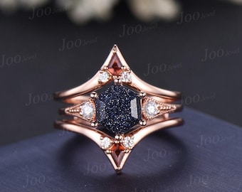3pcs Hexagon Galaxy Blue Sandstone Engagement Ring Rose Gold Garnet Wedding Band Starry Sky Stacking Bridal Ring Anniversary Gift for Her