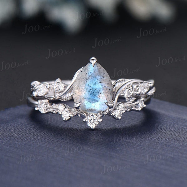 Conjunto de anillo de compromiso de labradorita azul natural con diamantes, anillo de labradorita estilo retro en forma de pera, anillo nupcial de cristal inspirado en la naturaleza, joyería de regalo para mujer.