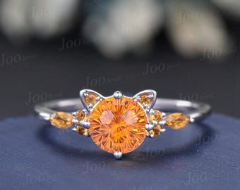 Ginger Cat Inspired Spessartine Garnet Ring 14K White Gold Fireworks Cut Orange Gemstone Promise Ring Unique Fanta Garnet Wedding Ring Women