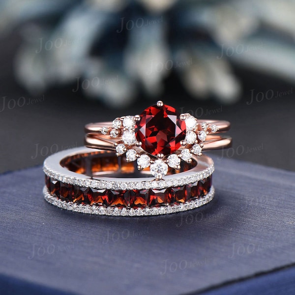 1ct Round Natural Red Garnet Bridal Set for Women Red Engagement Ring Unique Couple Ring Set Men Full Eternity Men Band Unique Promise Ring