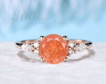 Round Cut Sunstone Ring Silver Natural Gemstone Heal Crystal Ring 7mm Orange Sunstone Engagement Rings Energy Ring Energy Jewelry Gift Women