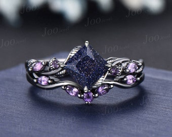 Princess Cut Blue Goldstone Ring Set Nature Inspired Galaxy Blue Sandstone Amethyst Bridal Set Unique Twig Vine Black Gold Wedding Ring Set