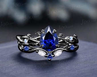 1.25CT Pear Blue Sapphire Engagement Ring Set Black Gold Twig Vine Wedding Ring Nature Bridal Promise Ring September Birthstone Gift Women