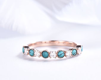 Turquoise Wedding Band Art Deco Moisssanite Wedding ring,Matching Band Stacking Ring Anniversary Gift,14k White gold Turquise promise ring