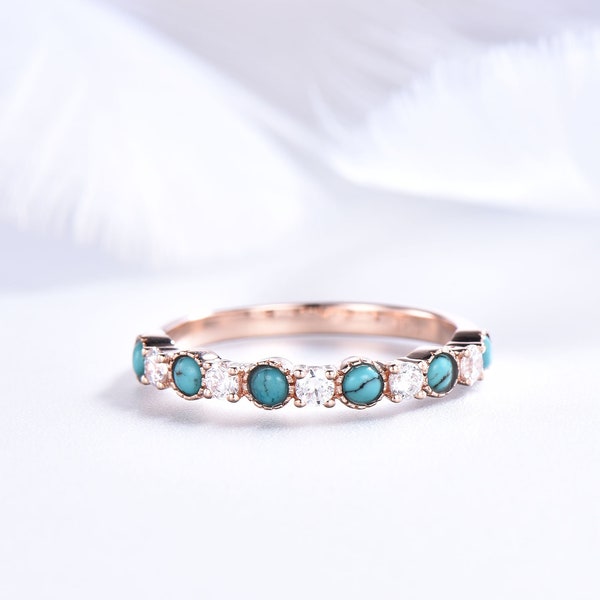 Turquoise Wedding Band Art Deco Moisssanite Wedding ring,Matching Band Stacking Ring Anniversary Gift,14k White gold Turquise promise ring