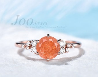 Natural Sunstone Ring Sterling Round Cut 1ct. Sunstone Engagement Bridal Ring Orange Gemstone Birthday Gift for Women Girls Lucky Stone Ring