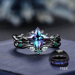 Princess Cut Color-Change Alexandrite Emerald Ring Set Gothic Witchy Black Gold Proposal Ring June Birthstone Bridal Set Anniversary Gifts