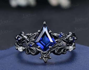 Kite Cut Blue Sapphire Engagement Ring ,Leaf Black Gold Bridal Set, 2Pcs Floral Nature Inspired Wedding Ring Band, September Birthstone Gift