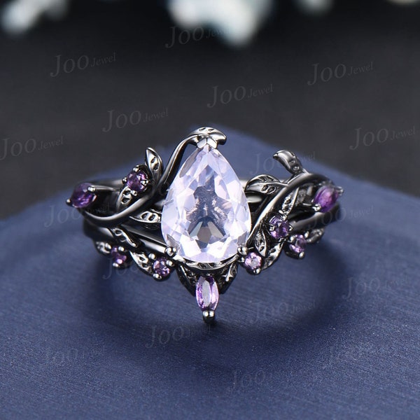 Natural Lavender Amethyst Engagement Ring Set Vintage Black Gold Wedding Ring 14K Solid Gold Pear Cut Light Purple Crystal Bridal Ring Women